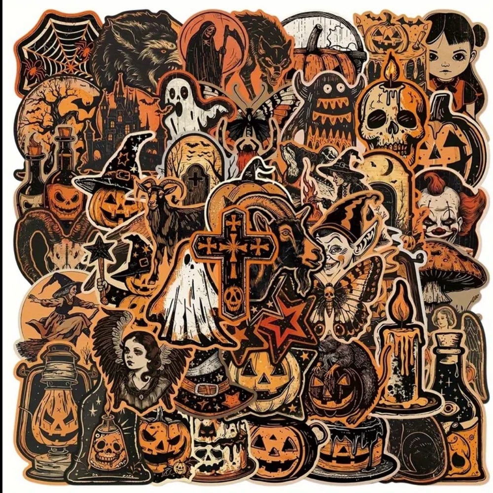 50 Halloween Horror Stickers Black Orange Goth Cats Pumpkins Monsters Scary